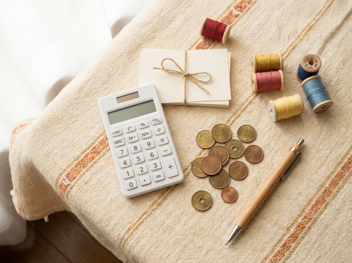 Calculator, coins and thread spools
