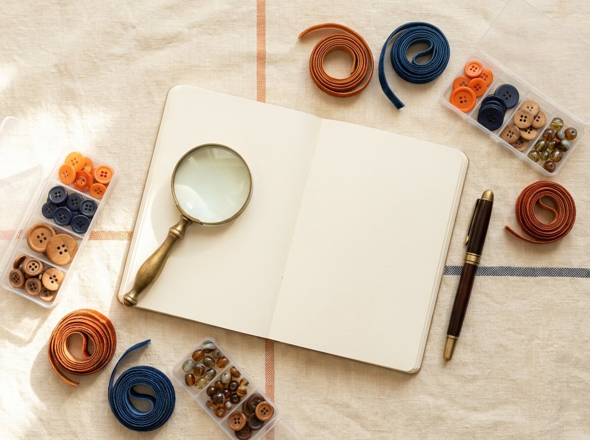 Notebook and magnifying glass with craft supplies