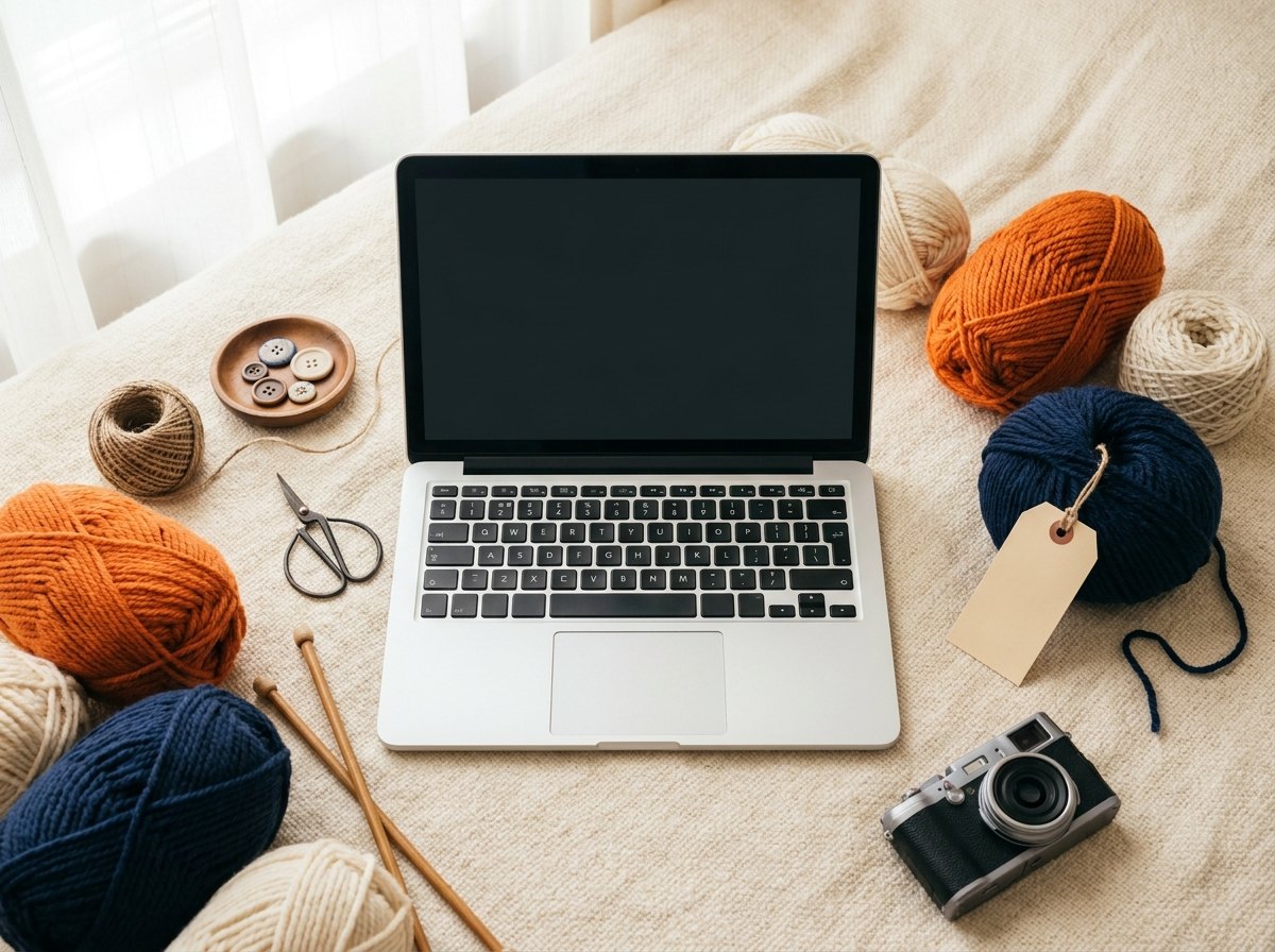Laptop with yarn and craft supplies